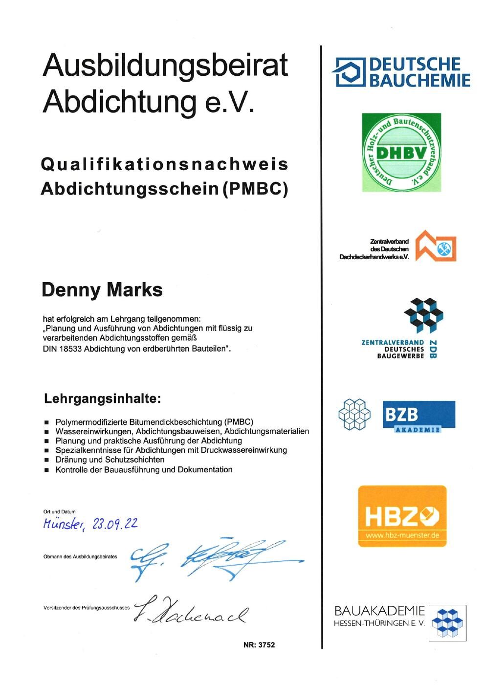 Zertifikat Geprüfter Abdichter – Remmers Akademie