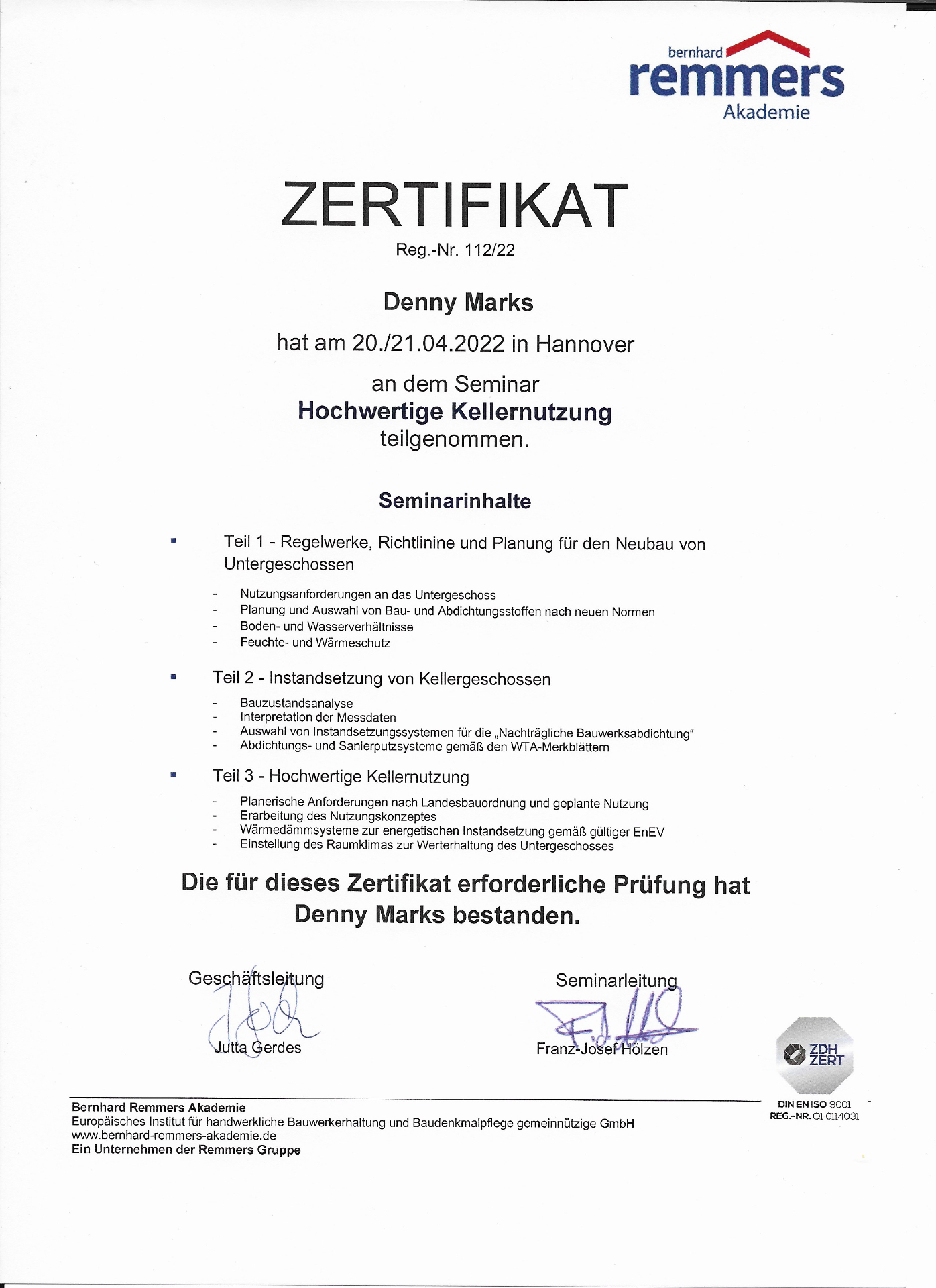 Zertifikat Hochwertige Kellernutzung – Bernhard Remmers Akademie