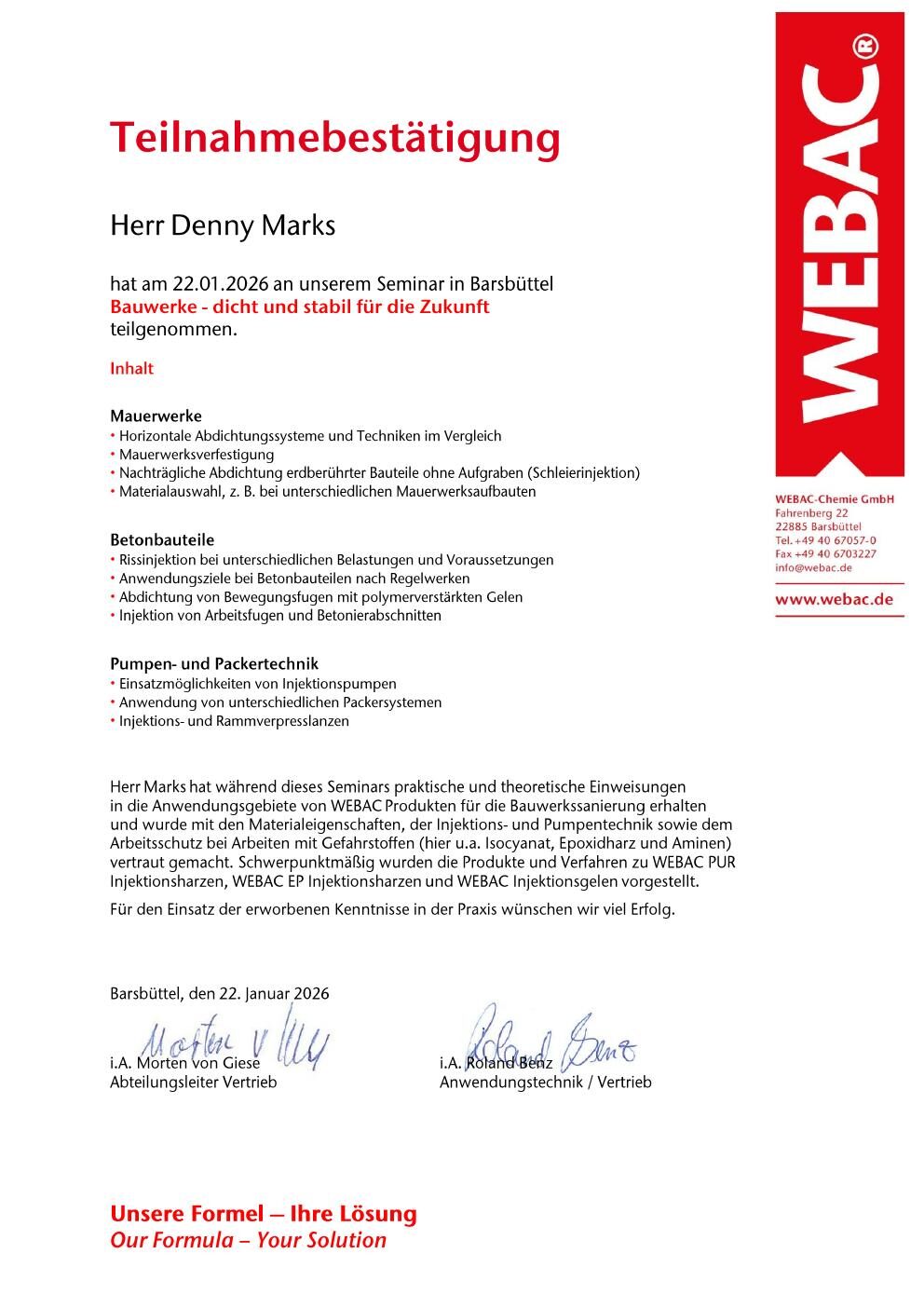 Zertifikat WEBAC Injektionsschulung – WEBAC Chemie
